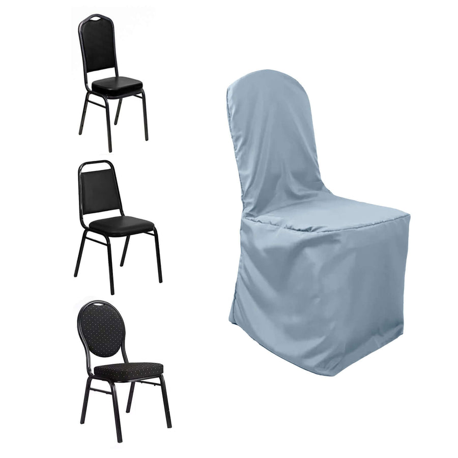 Dusty Blue Polyester Banquet Chair Cover, Reusable Stain Resistant Slip On Chair Cover