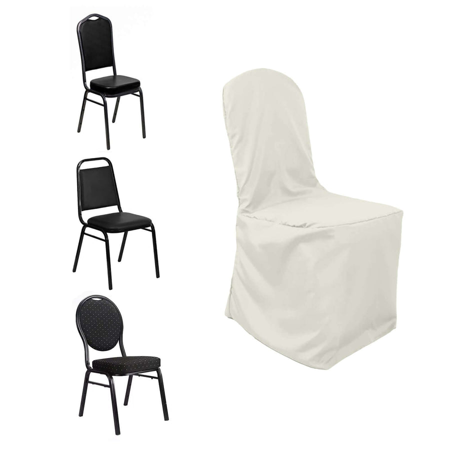 Ivory Polyester Banquet Chair Cover, Reusable Stain Resistant Slip On Chair Cover