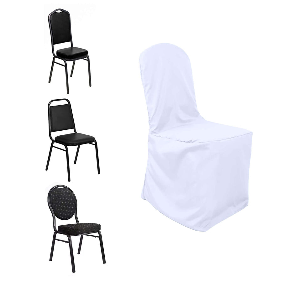 White Polyester Banquet Chair Cover, Reusable Stain Resistant Slip On Chair Cover