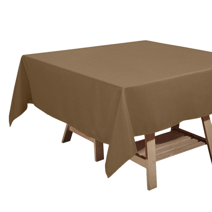 Brown tablecloth draped over a wooden table