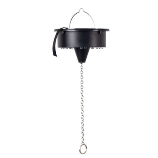 Black hanging funnel with chain and hook for easy pouring #whtbkgd