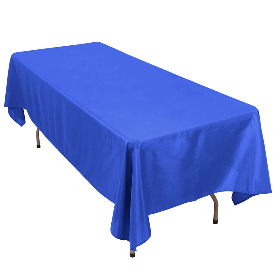 Blue tablecloth draped over a rectangular table