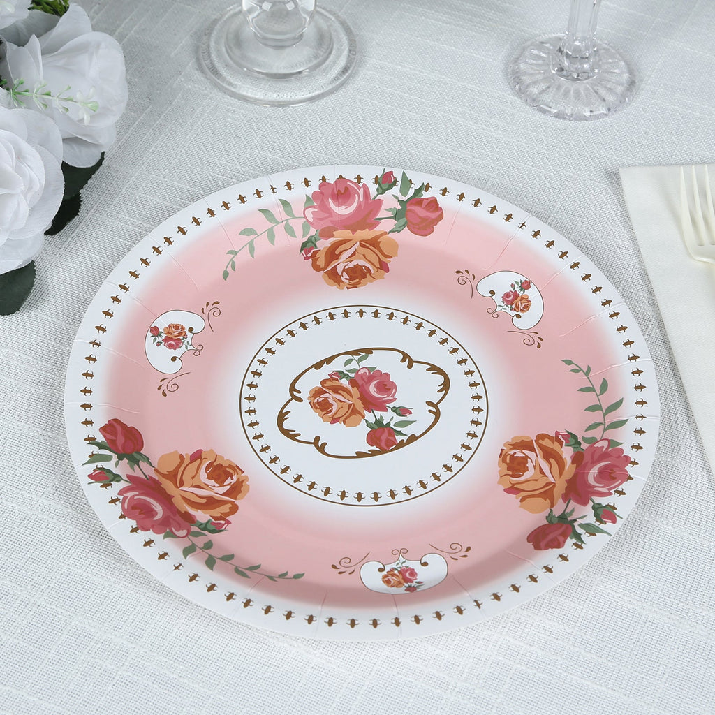 Rose Flower Print Paper Round Dinner Plates 9\, image size:1024x1024