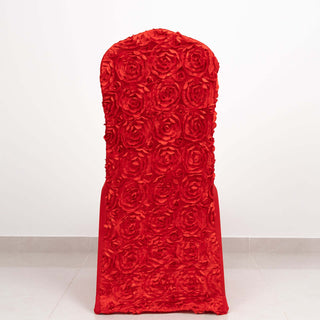 Add Glamour and Elegance to Your Event with Red Satin Rosette Spandex Stretch Banquet Chair Cover Add Glamour and Elegance to Your Event with Red Satin Rosette Spandex Stretch Banquet Chair Cover