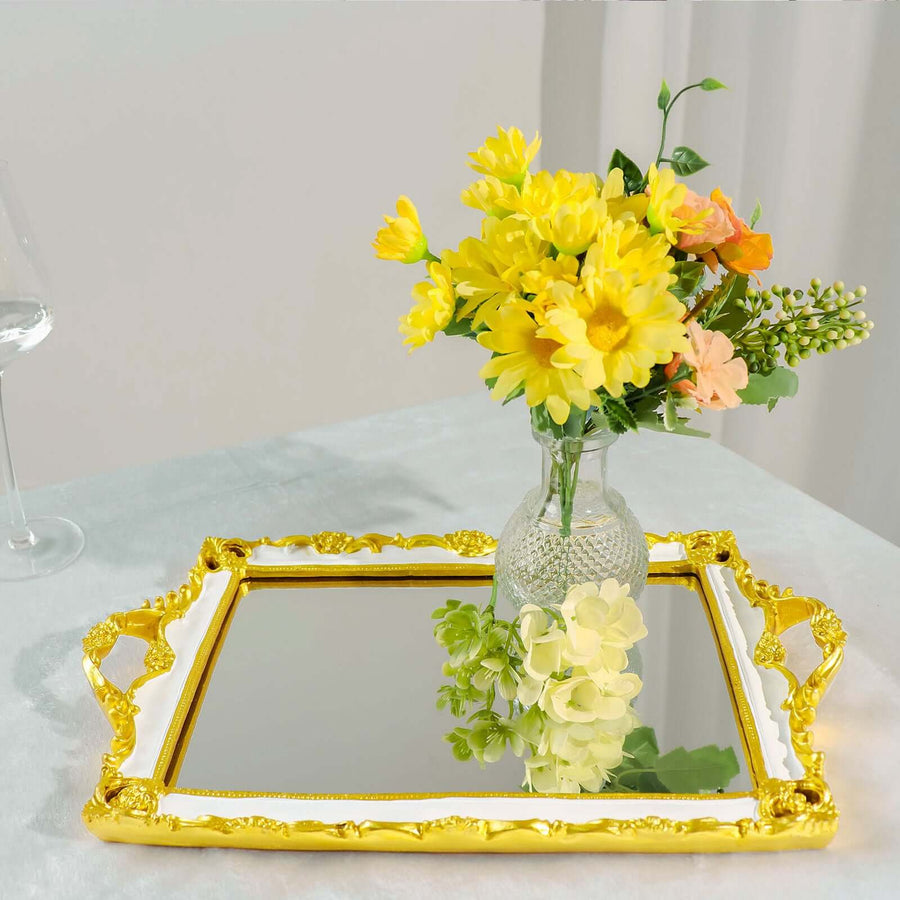 Metallic Gold/White Resin Decorative Vanity Serving Tray, Rectangle Mirrored Tray