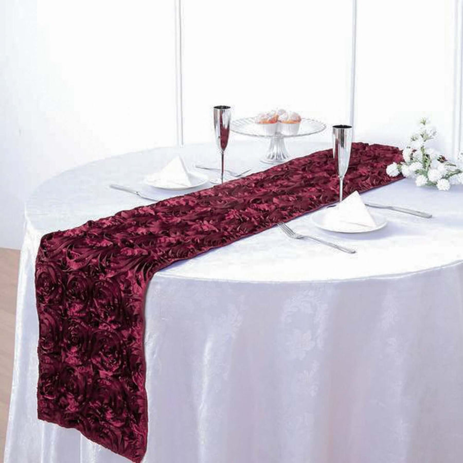14x108inches Burgundy Grandiose 3D Rosette Satin Table Runner