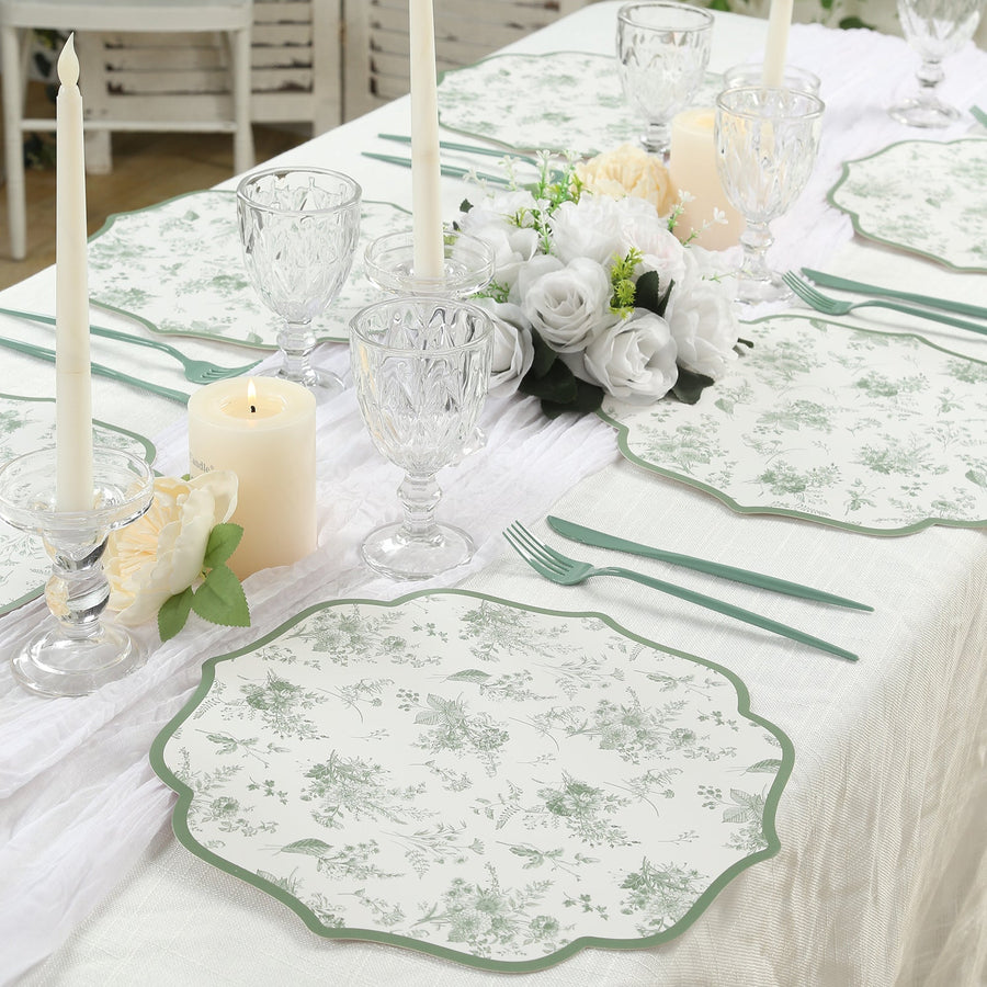 10 Pack Disposable Charger Plates with Sage Green French Toile Pattern, Cardboard Paper Placemat