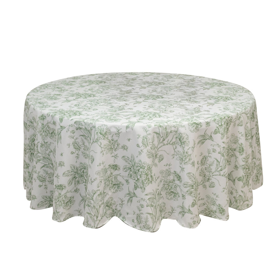 Polyester 108inch Round Tablecloth White - Dusty Sage Green French Toile Pattern for Chic Weddings