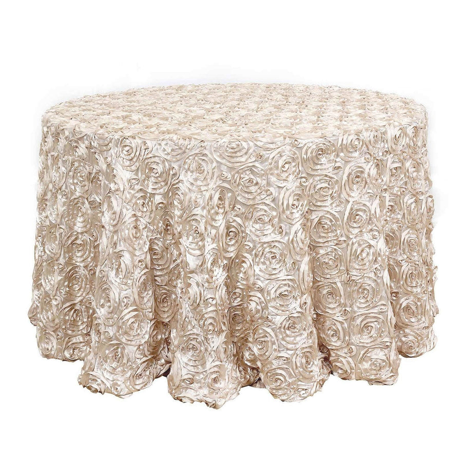 120inch Beige Grandiose 3D Rosette Satin Round Tablecloth