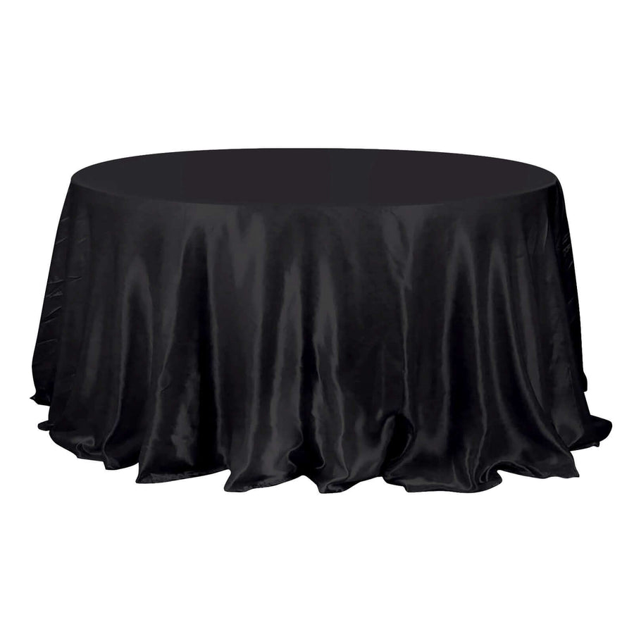 Black satin round tablecloth, elegant and smooth finish.