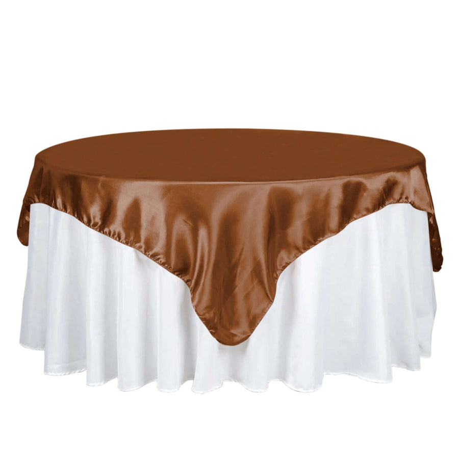 72x72inch Cinnamon Brown Satin Square Table Overlay, Elegant Table Topper