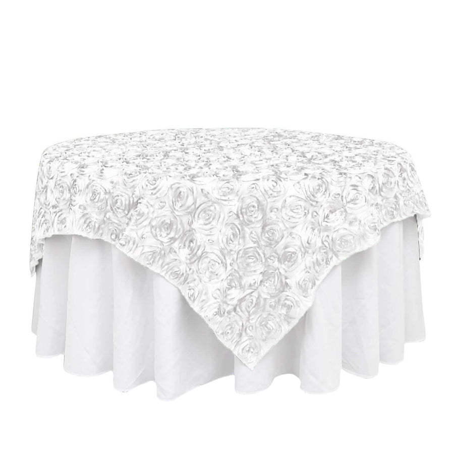72x72inch White 3D Rosette Satin Table Overlay, Square Tablecloth Topper