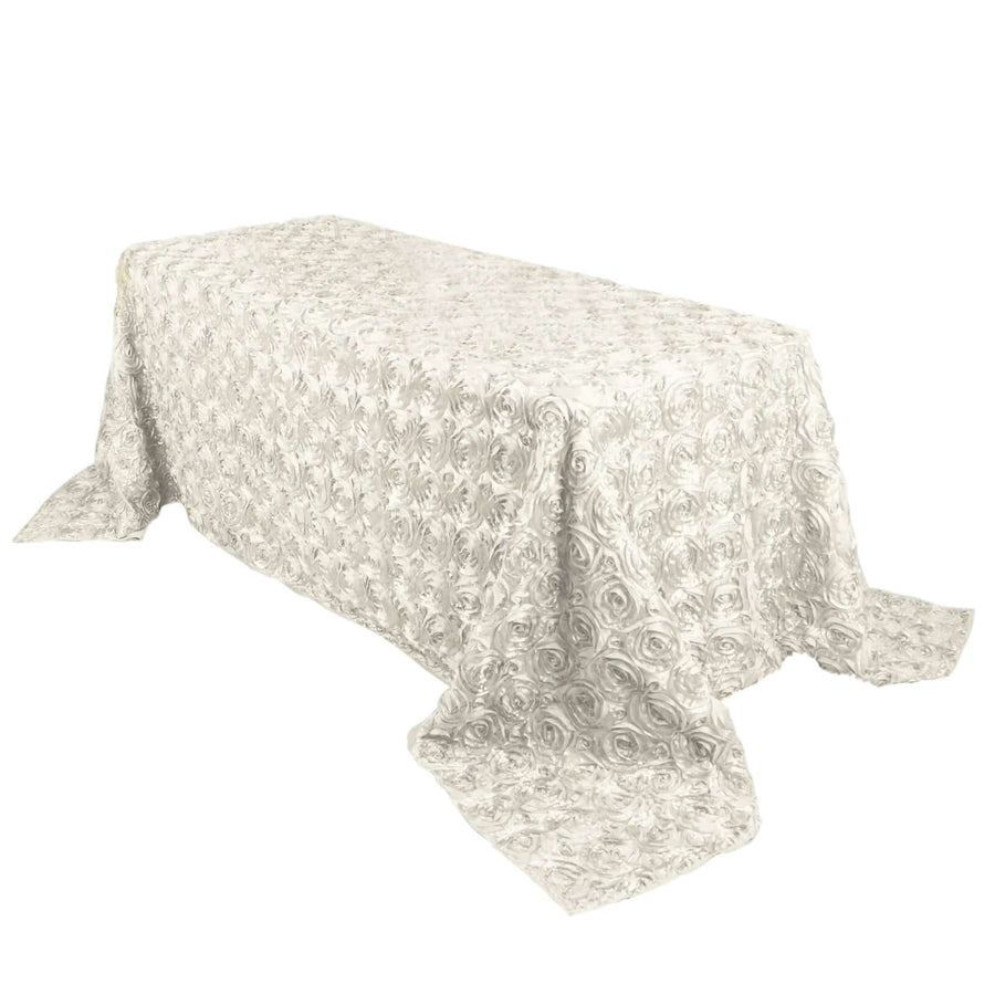 90x132inch Ivory Grandiose 3D Rosette Satin Rectangle Tablecloth