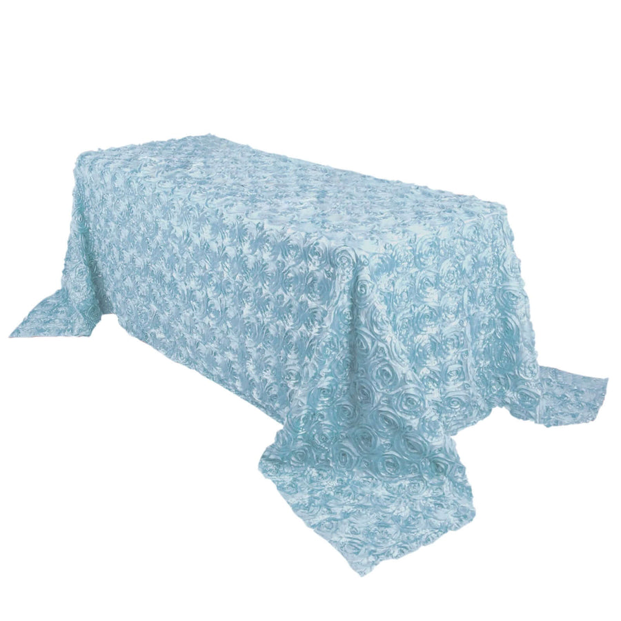 90x132inch Light Blue Grandiose 3D Rosette Satin Rectangle Tablecloth