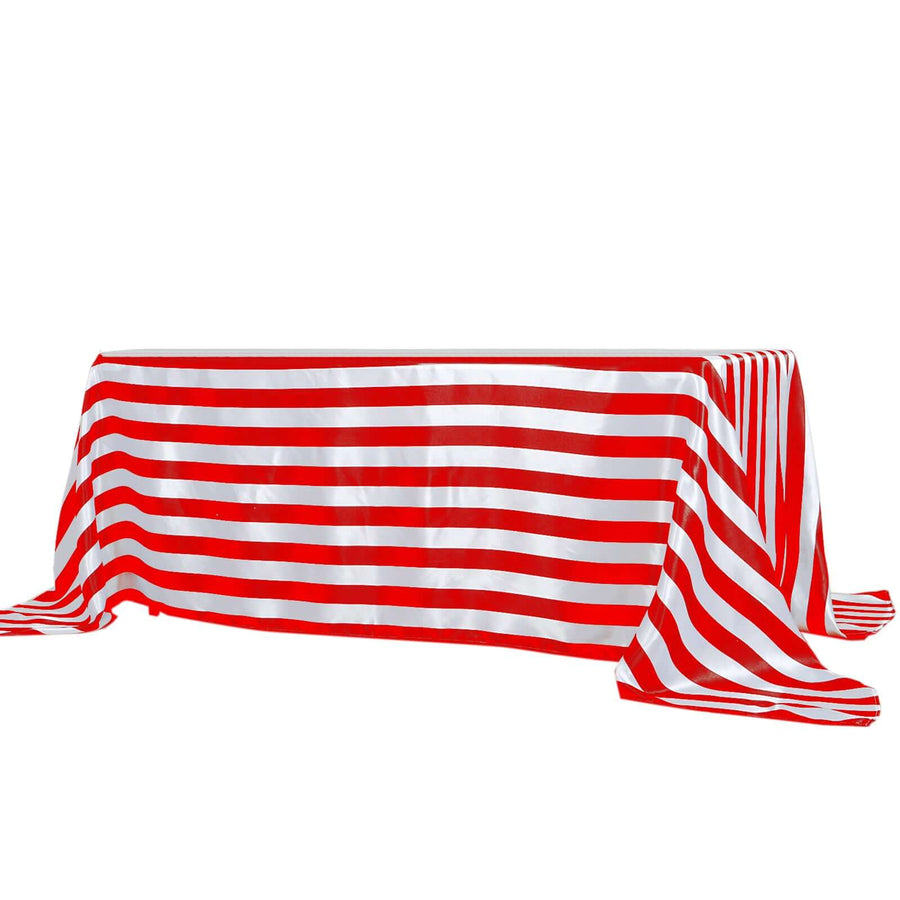 90"x132" | Stripe Satin Rectangle Tablecloth | Red & White | Seamless