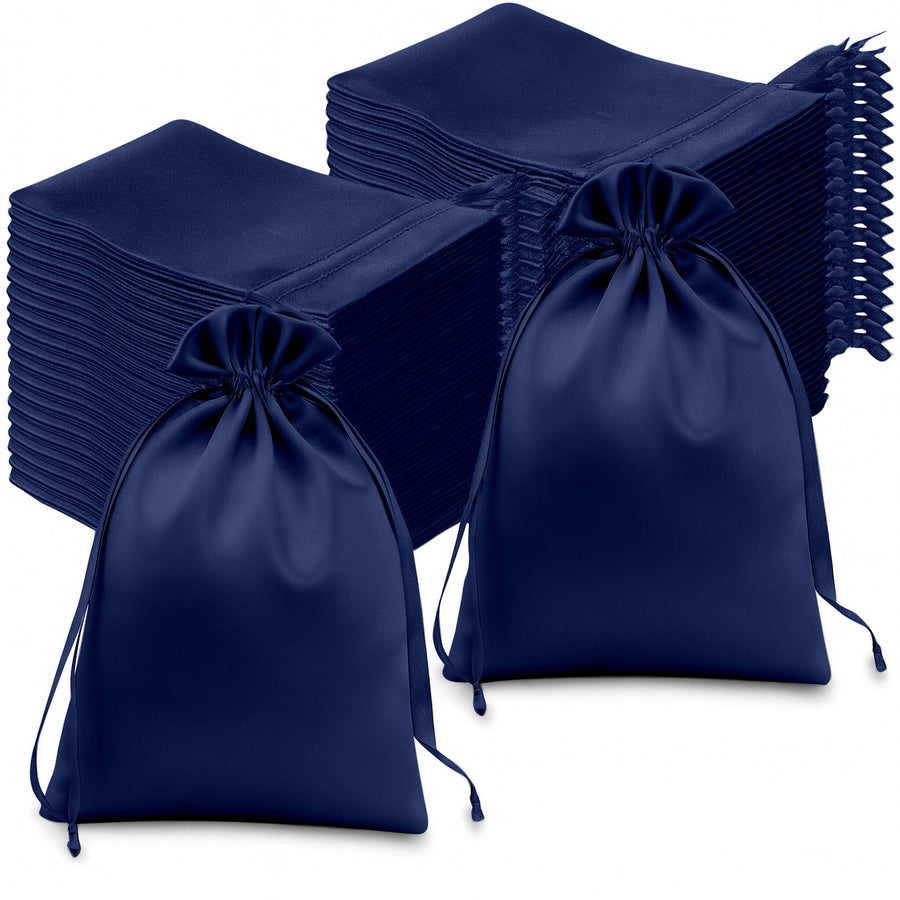 60 Pack 6x9 Navy Blue Satin Wedding Party Favor Bags, Drawstring Pouch Gift Bags