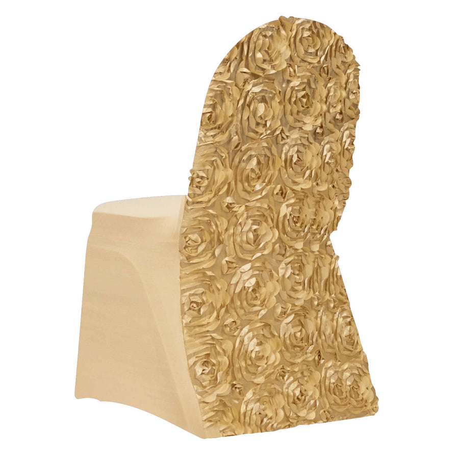 Champagne Satin Rosette Spandex Stretch Banquet Chair Cover, Fitted Slip On Chair Cover