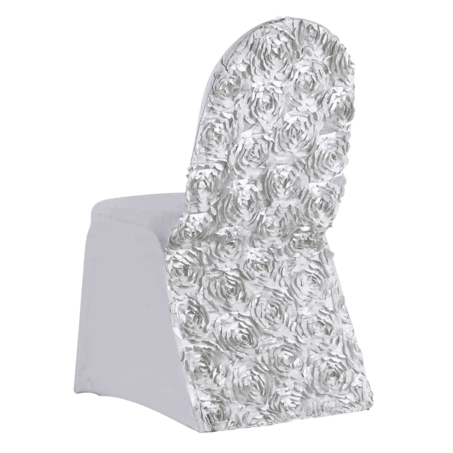Silver Satin Rosette Spandex Stretch Banquet Chair Cover, Fitted Slip On Chair Cover