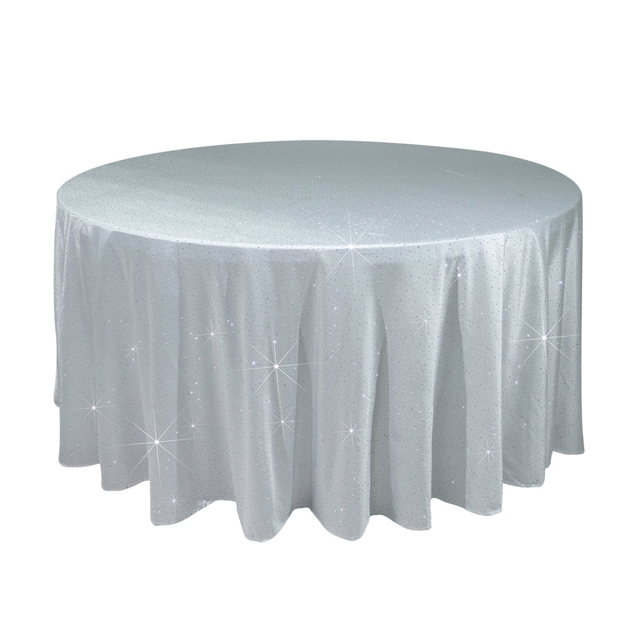 Scuba Round Tablecloth 120 White with Rhinestone Accents – Seamless, Wrinkle-Free