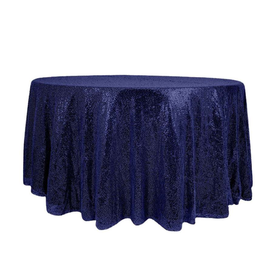 Navy sequin tablecloth draped elegantly over a round table