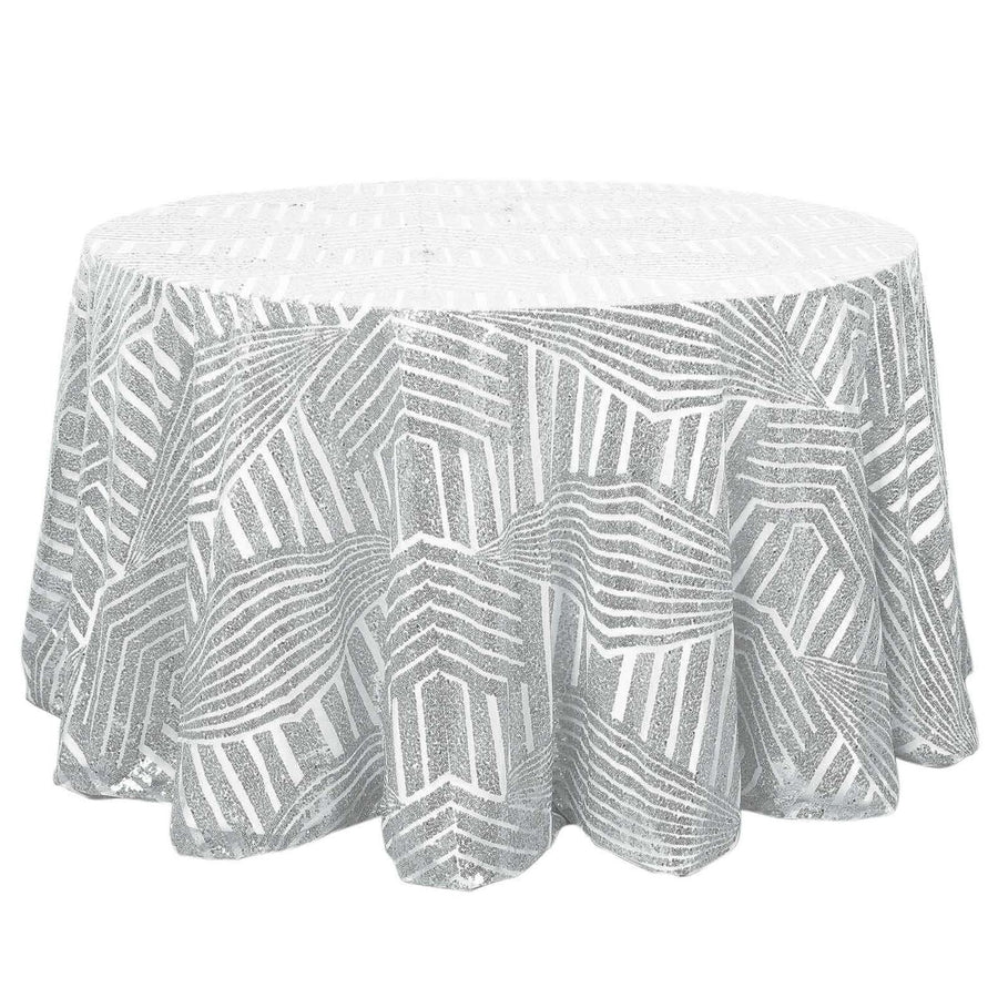 Silver sequin tablecloth with geometric pattern on a round table