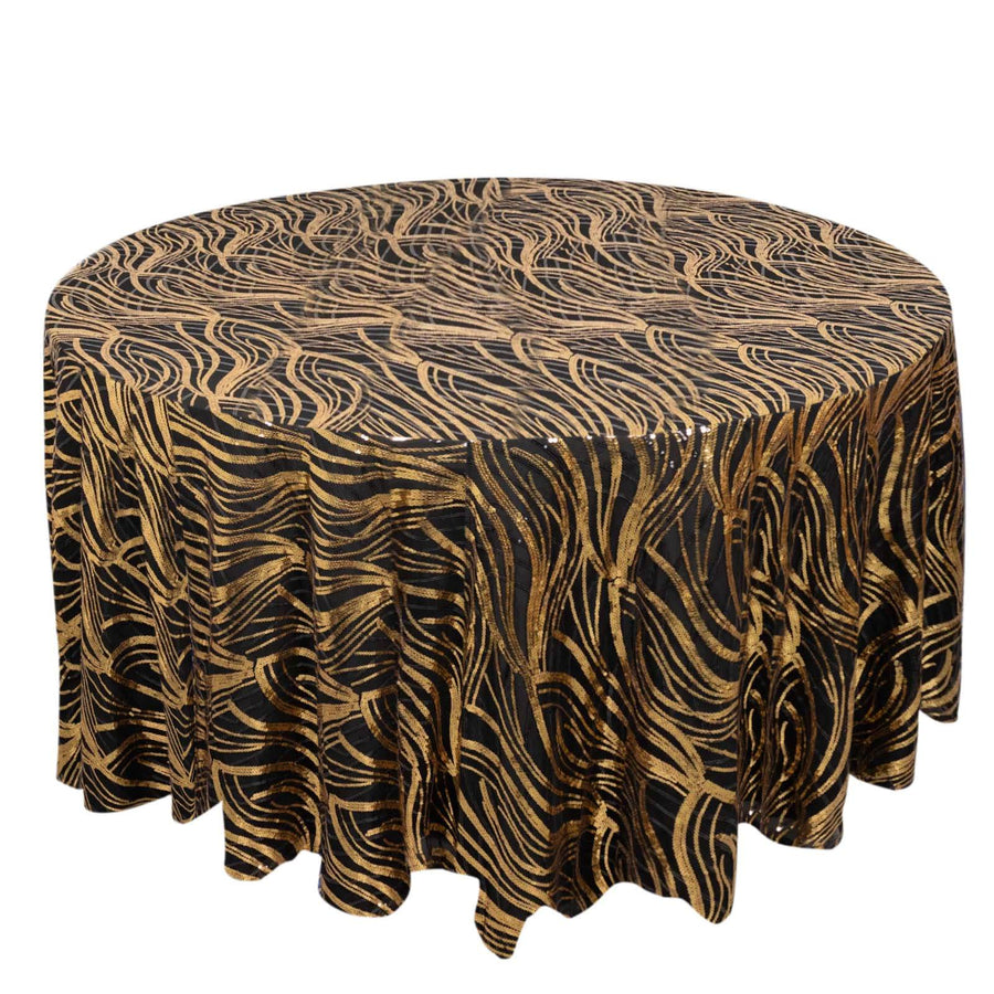 120inch Black Gold Wave Mesh Round Tablecloth With Embroidered Sequins