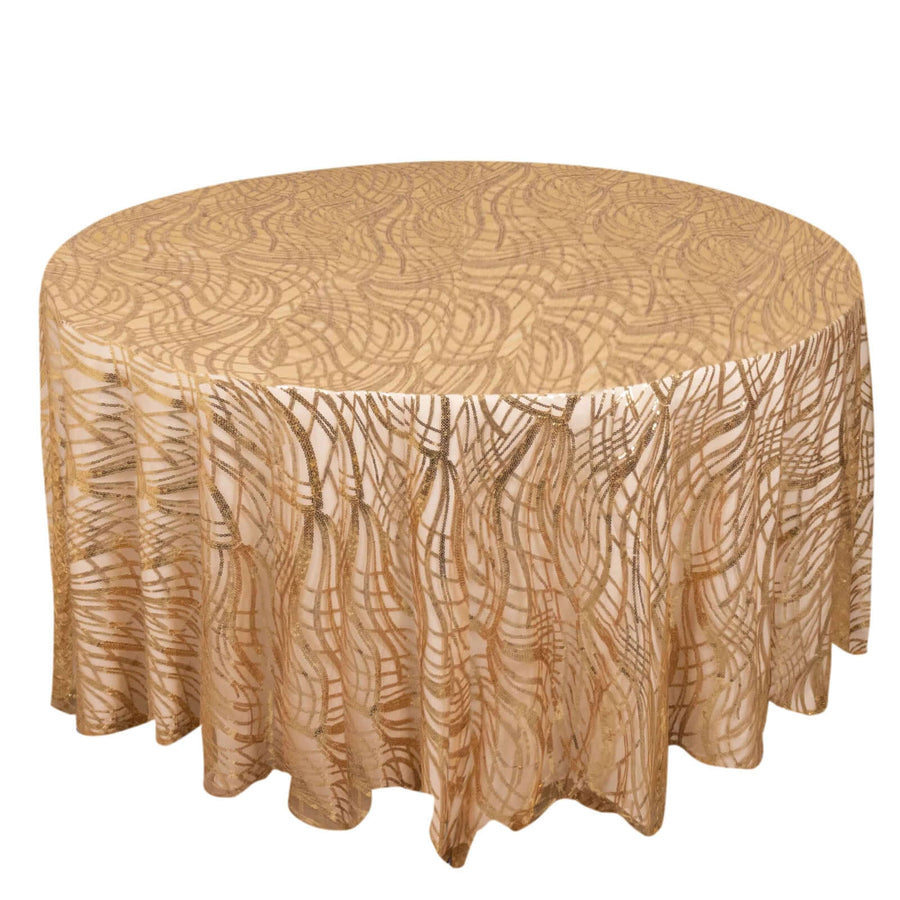 Round tablecloth with a gold wave pattern on a white background.