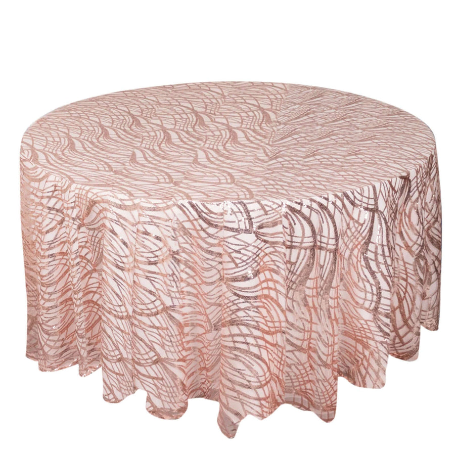 120inch Blush Rose Gold Wave Mesh Round Tablecloth With Embroidered Sequins