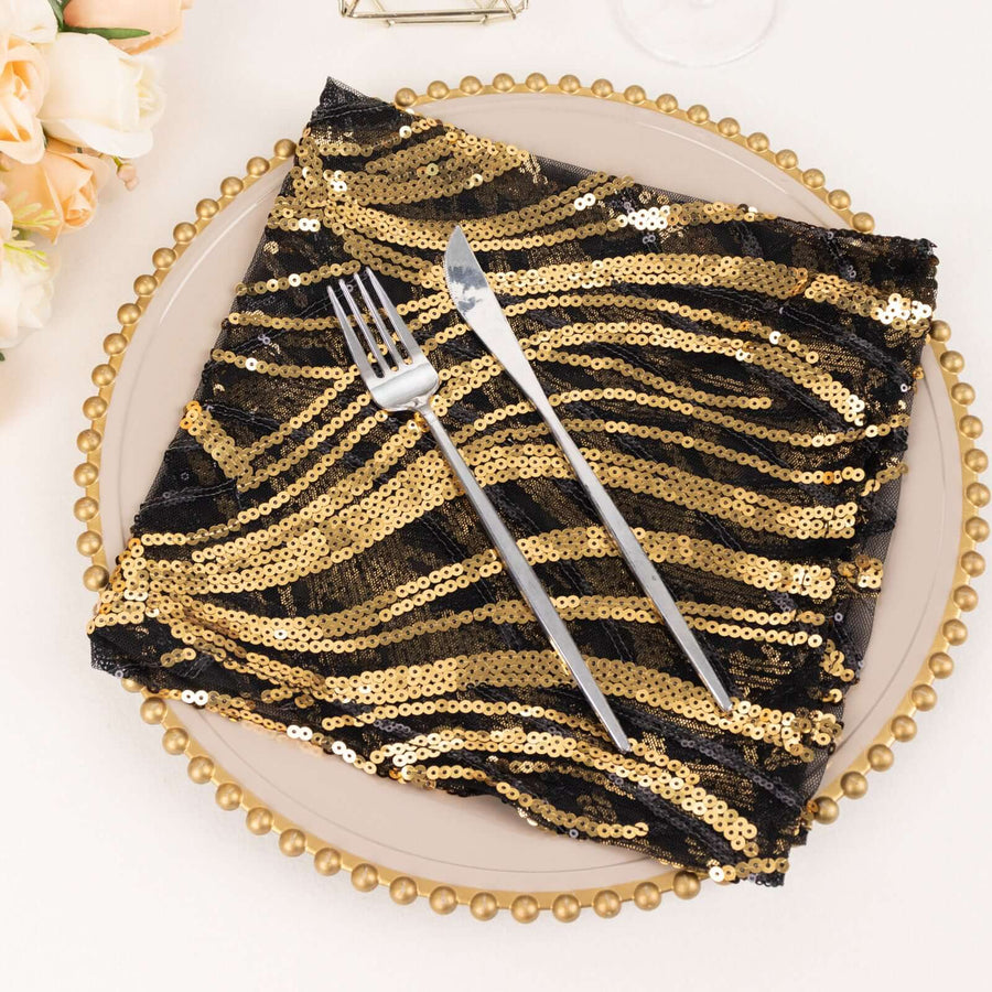 Black Gold Wave Embroidered Sequin Mesh Dinner Napkin, Reusable Decorative Napkin