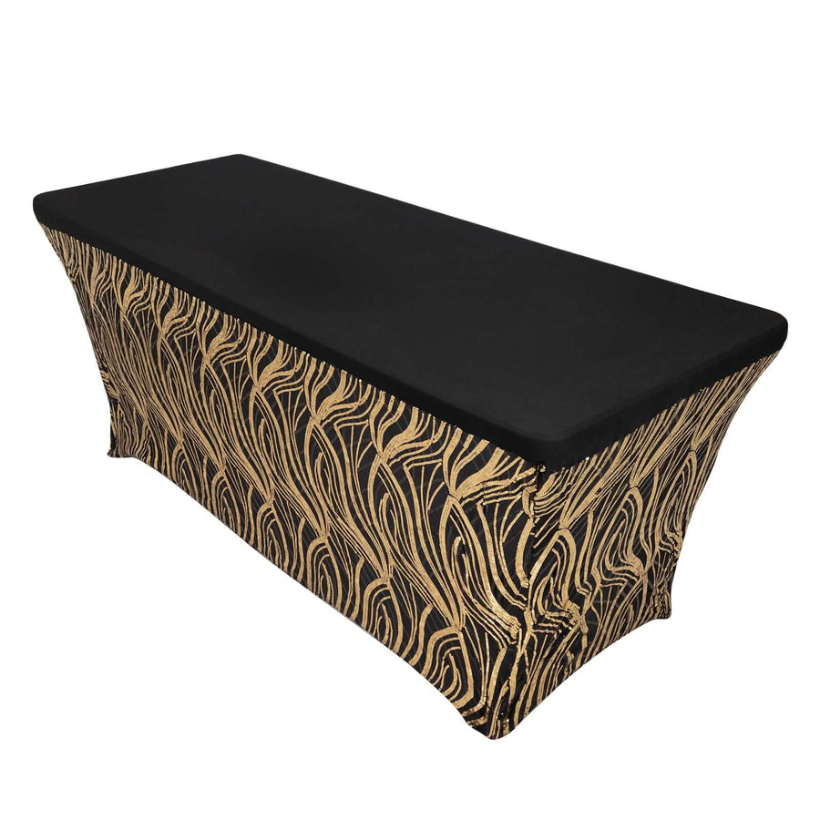 Black Gold Stretch Spandex Rectangle Tablecloth 6ft With Wave Embroidered Sequins Table Cover