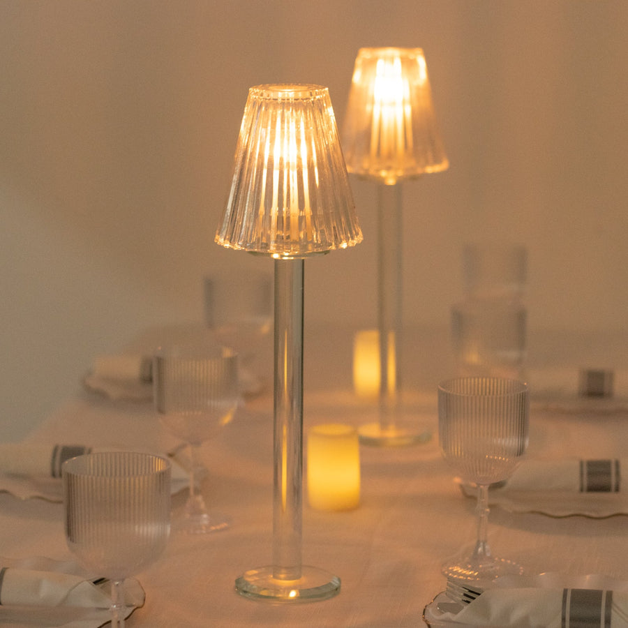 Set of 2 Clear Crystal Glass Candle Holders – 17\" Elegant Ribbed Vintage Table Lamp Design
