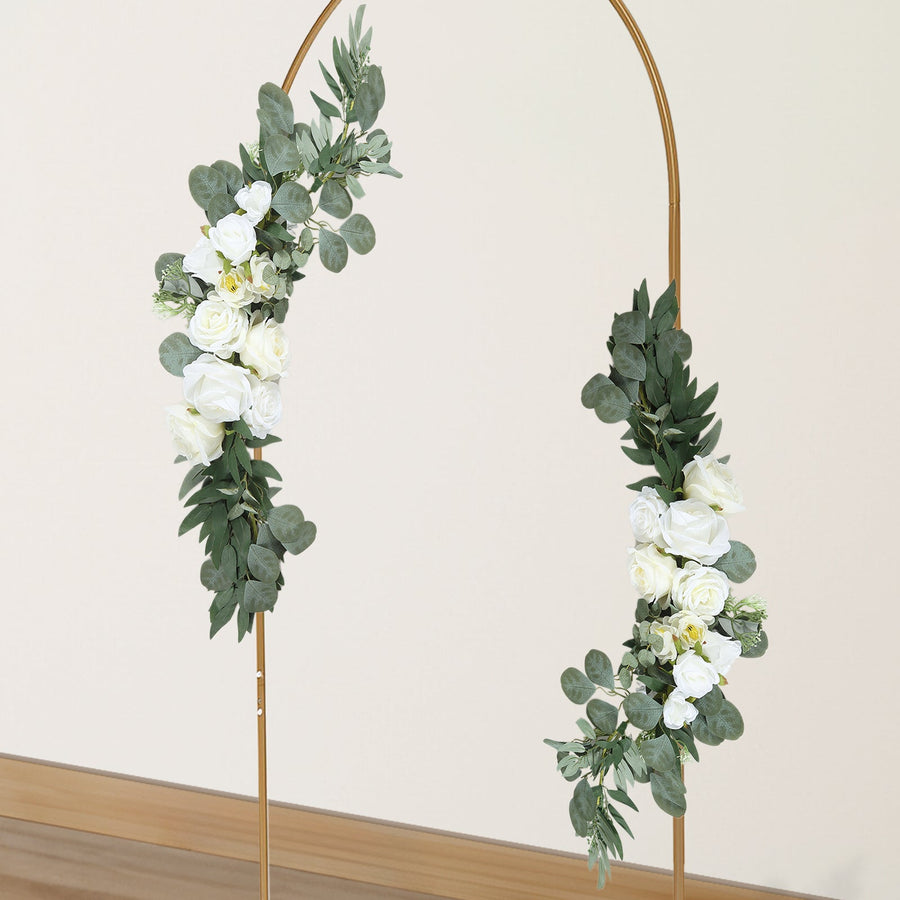 Set of 2 White Silk Rose Wedding Arch Flowers with Eucalyptus Leaves, Artificial Floral Swag