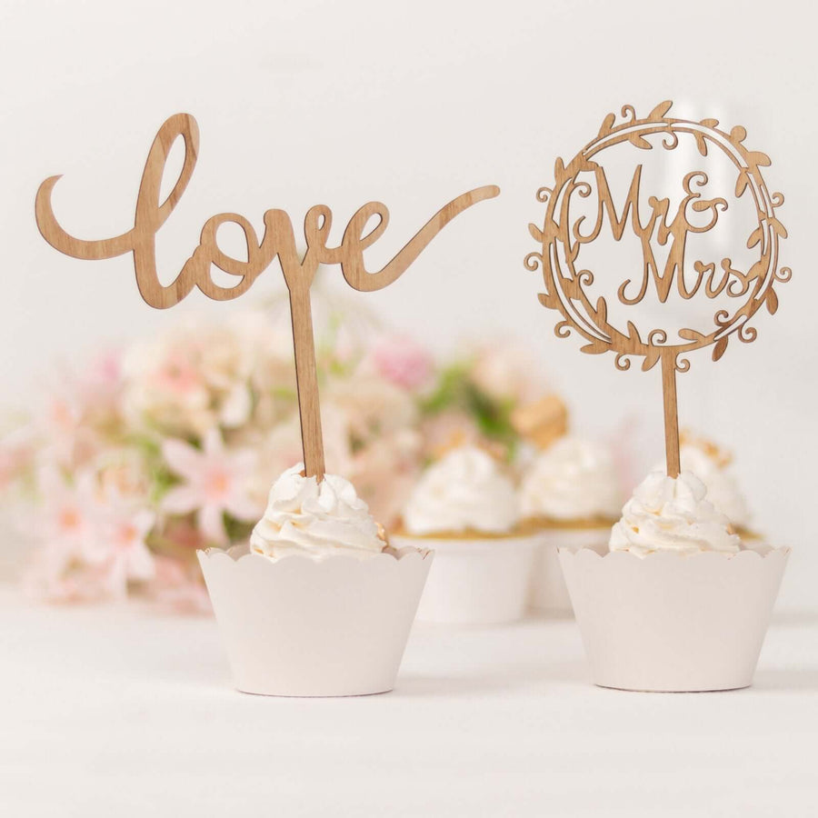 Set of 2 Rustic Mr & Mrs and Love Wedding Cake Topper Decorations, Natural Wooden