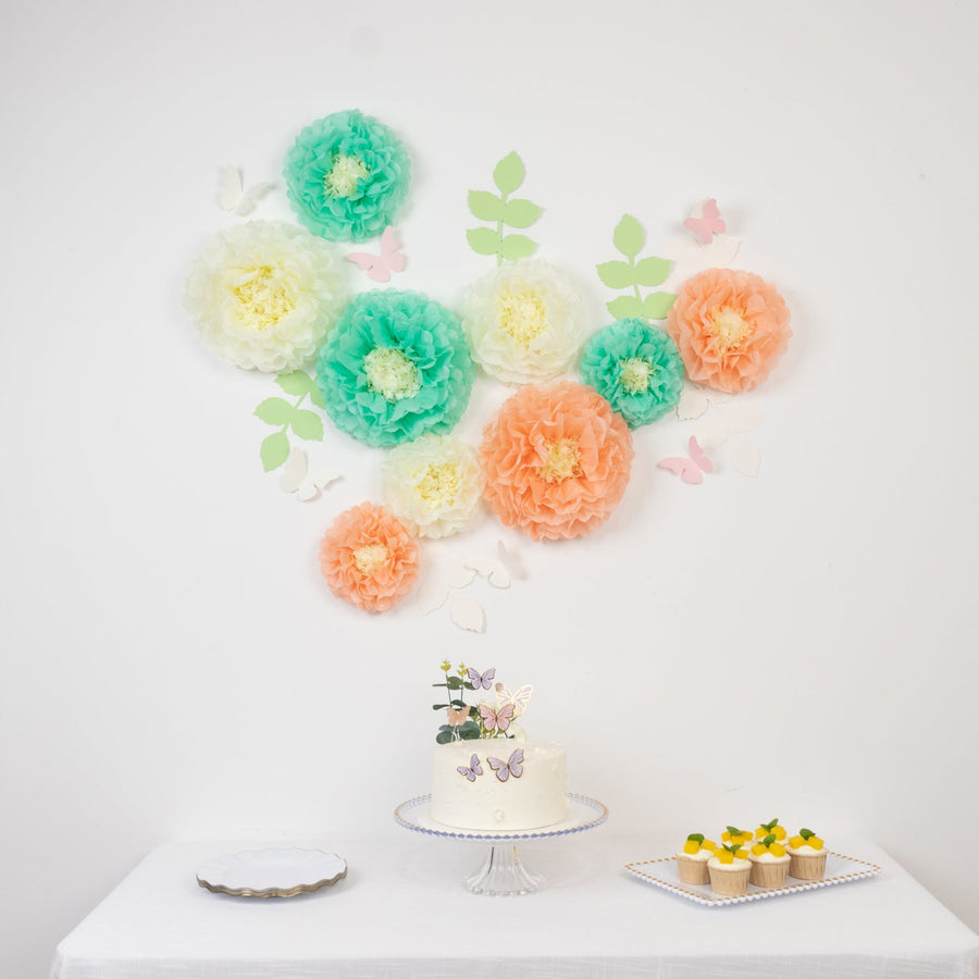 Set of 21 Tissue Paper Flowers Pom Poms Decor Kit – Cream Peach 3D Chrysanth Floral Wall