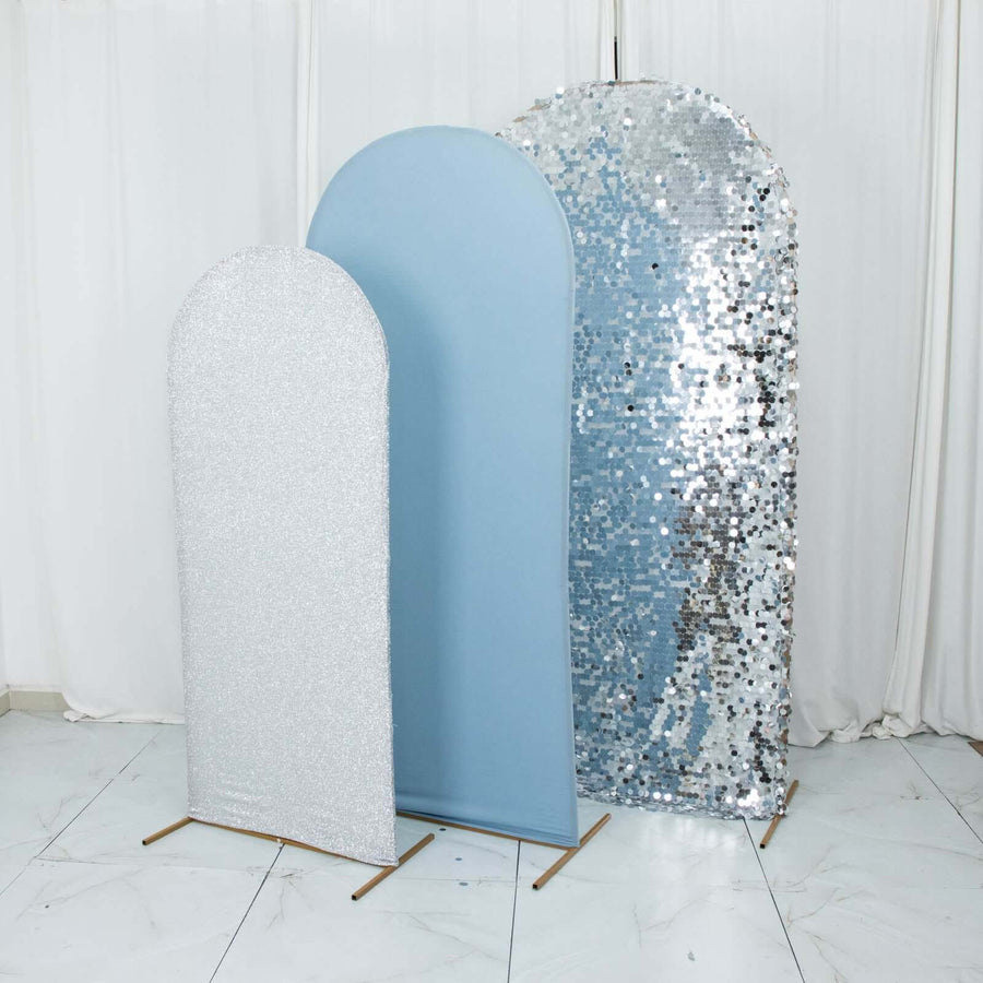 Set of 3 | Dusty Blue / Silver Round Top Fit Wedding Arch Frame Covers