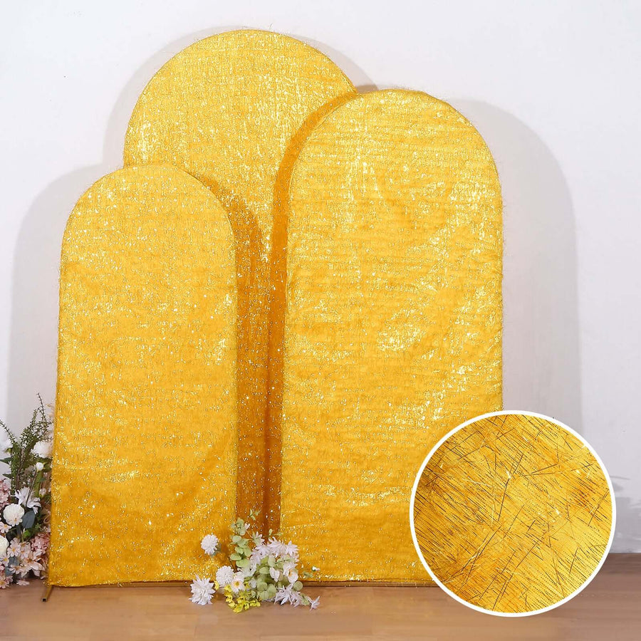 Set of 3 Gold Metallic Fringe Chiara Wedding Arch Covers With Tinsel Shag