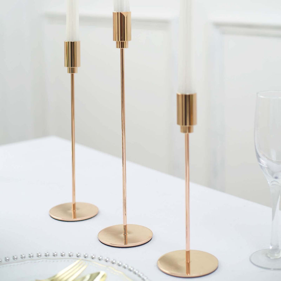 Set of 3 | Gold Metal Taper Candle Holder Set, Skinny Candlestick Stand With Round Solid Base