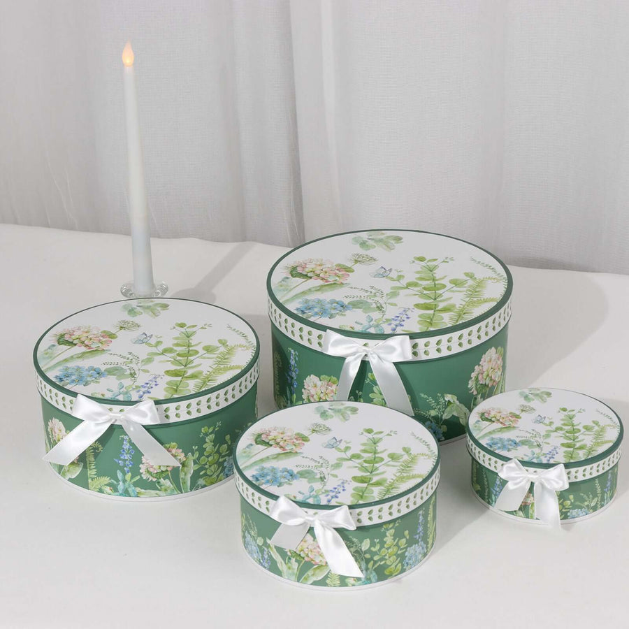 Set of 4 Greenery Theme Round Nesting Gift Boxes With Lids
