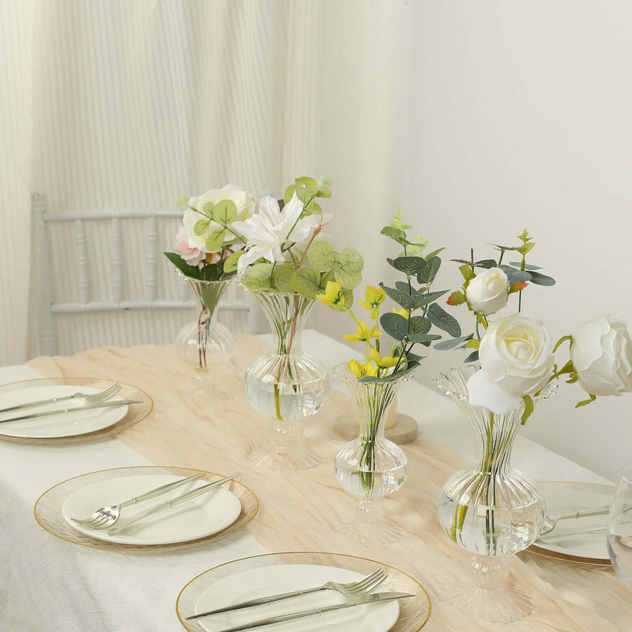 Set of 4 Clear Vintage Nordic Glass Flower Vases with Petals Texture, Transparent Bud Vase