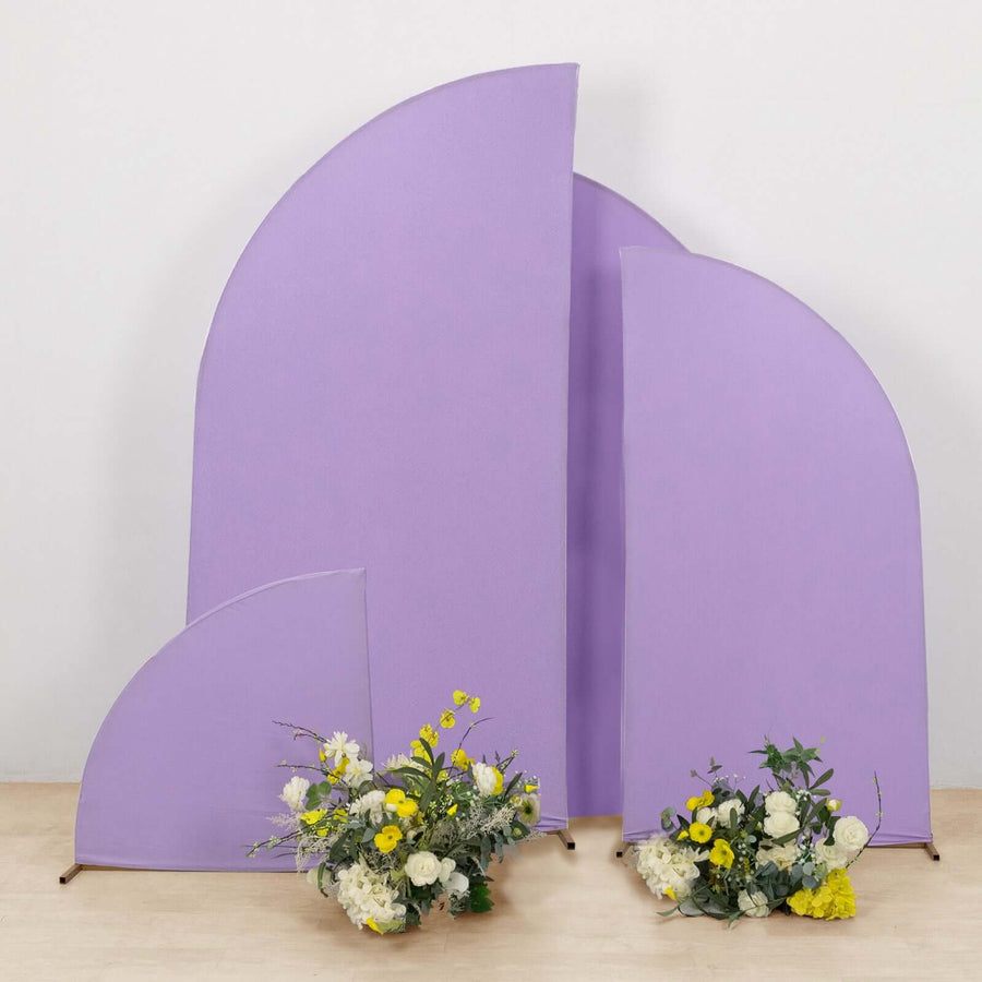 Purple abstract shapes with floral arrangements in front