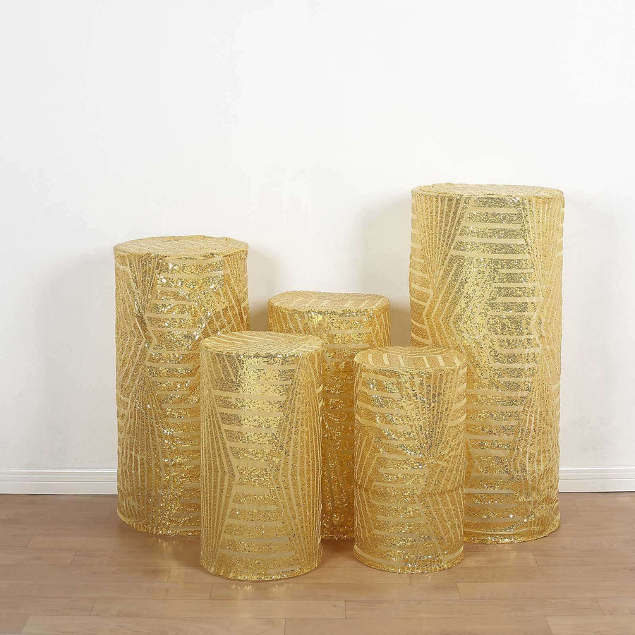 Set of 5 Gold Sequin Mesh Cylinder Pedestal Pillar Prop Covers with Geometric Pattern Embroidery