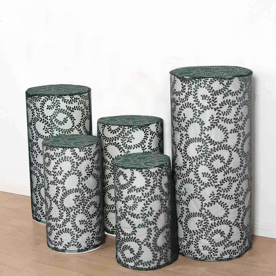 Set of 5 Hunter Emerald Green Sequin Mesh Cylinder Pedestal Pillar Prop Covers