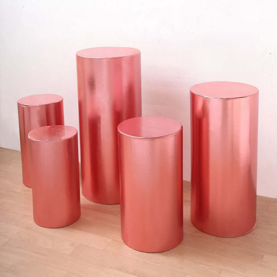 Set of 5 Metallic Blush Rose Gold Cylinder Stretch Fit Pedestal Pillar Covers