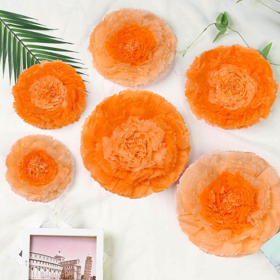 Pack of 6 | Coral/Orange | Multi-size Carnation 3D Giant Paper Flowers | 7”/9”/11”