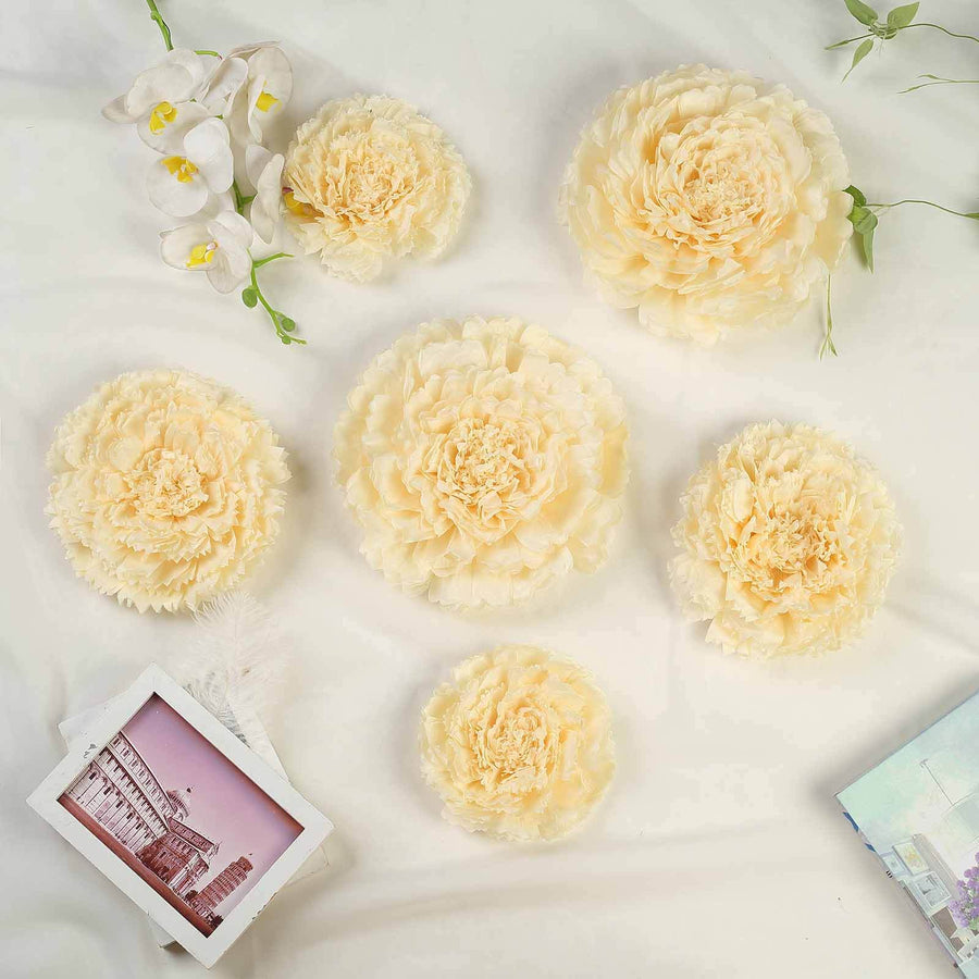 Cream-colored floral arrangements on a soft fabric background.
