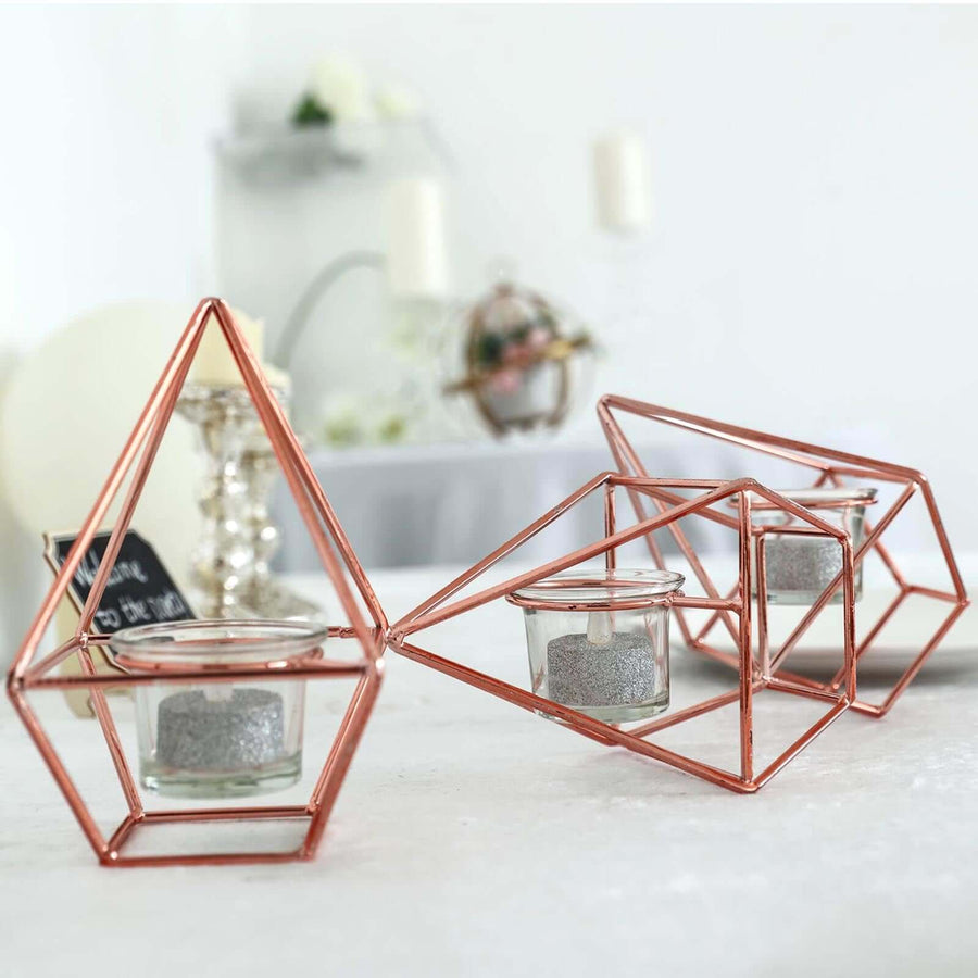 16" Rose Gold Geometric Candle Holder Set | Linked Metal Geometric Centerpieces with Votive Glass Holders