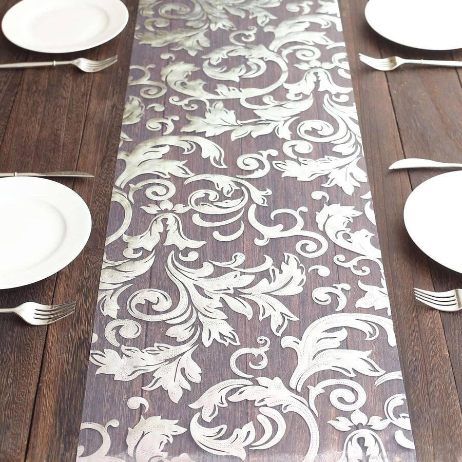 12x108inch Metallic Silver Sheer Organza Table Runner with Swirl Foil Flower Design