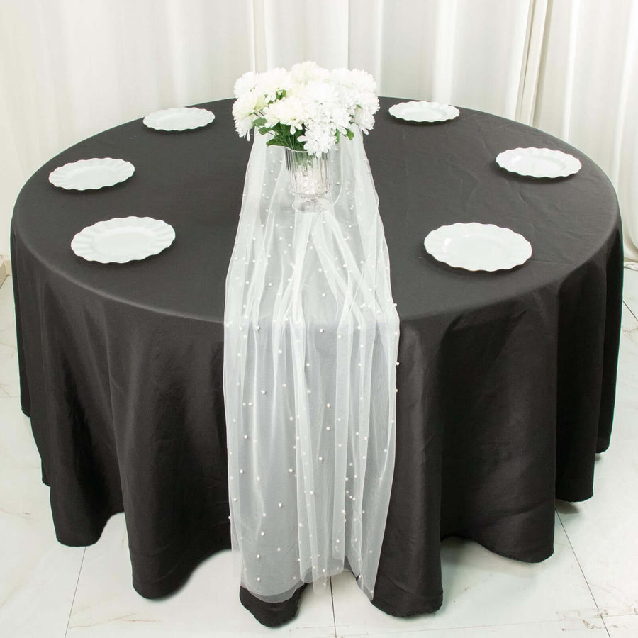 48inch x 120inch White Pearl Embellished Sheer Tulle Table Runner, Elegant Formal Table Linen