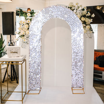 8ft Silver Double Sided Big Payette Sequin Open Arch Wedding Arch Cover, U-Shaped Fitted Wedding Backdrop Slipcover