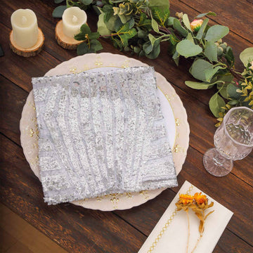 Silver Geometric Diamond Glitz Sequin Cloth Napkins, Decorative Reusable Dinner Napkins
